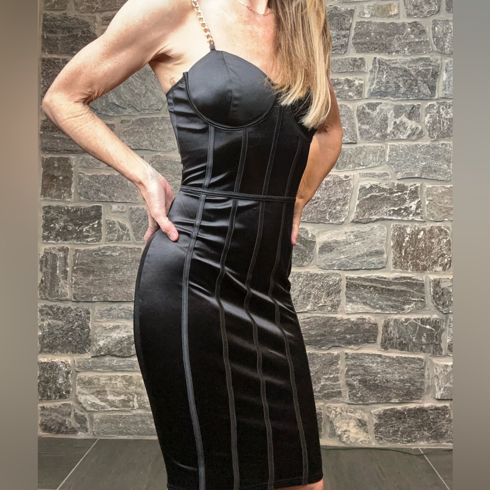 AKIRA “Mind Set” Satin Mini Dress with Corset Top, Open Back, Gold Chain Straps